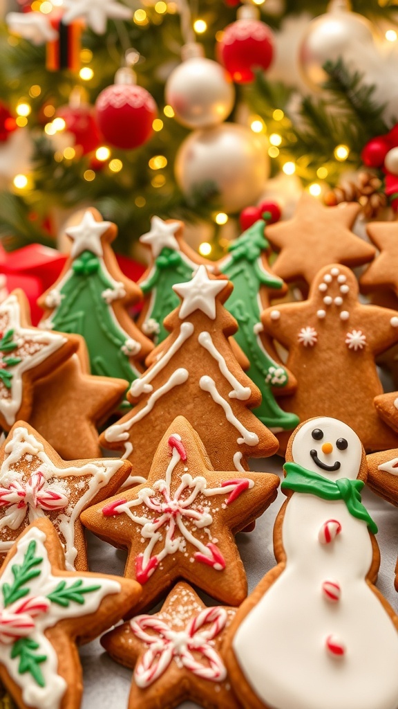 Decorated gingerbread cookies in holiday shapes on a festive table with decorations.